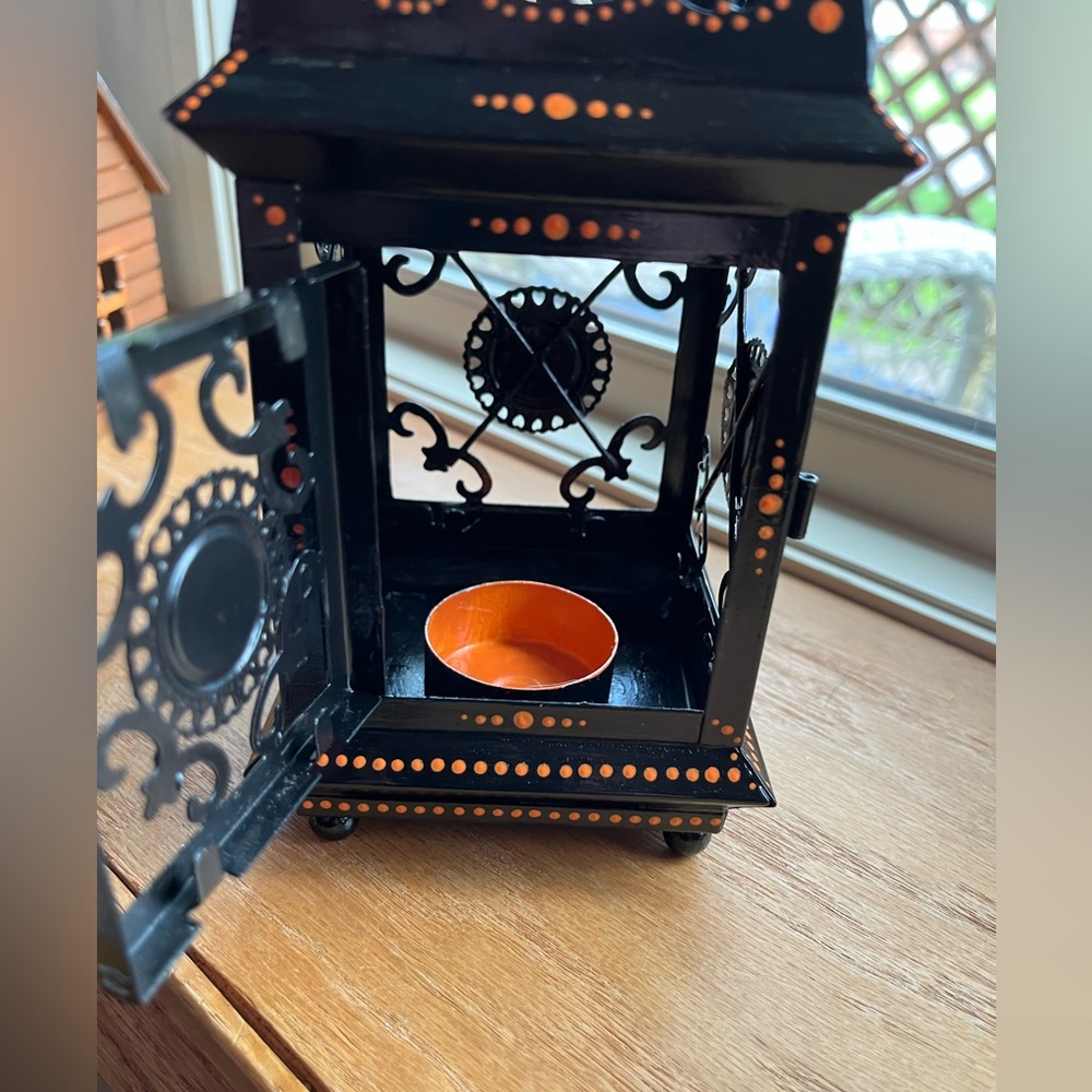 Handpainted Metal Black and Orange Decorative Lantern - Picture 5 of 8